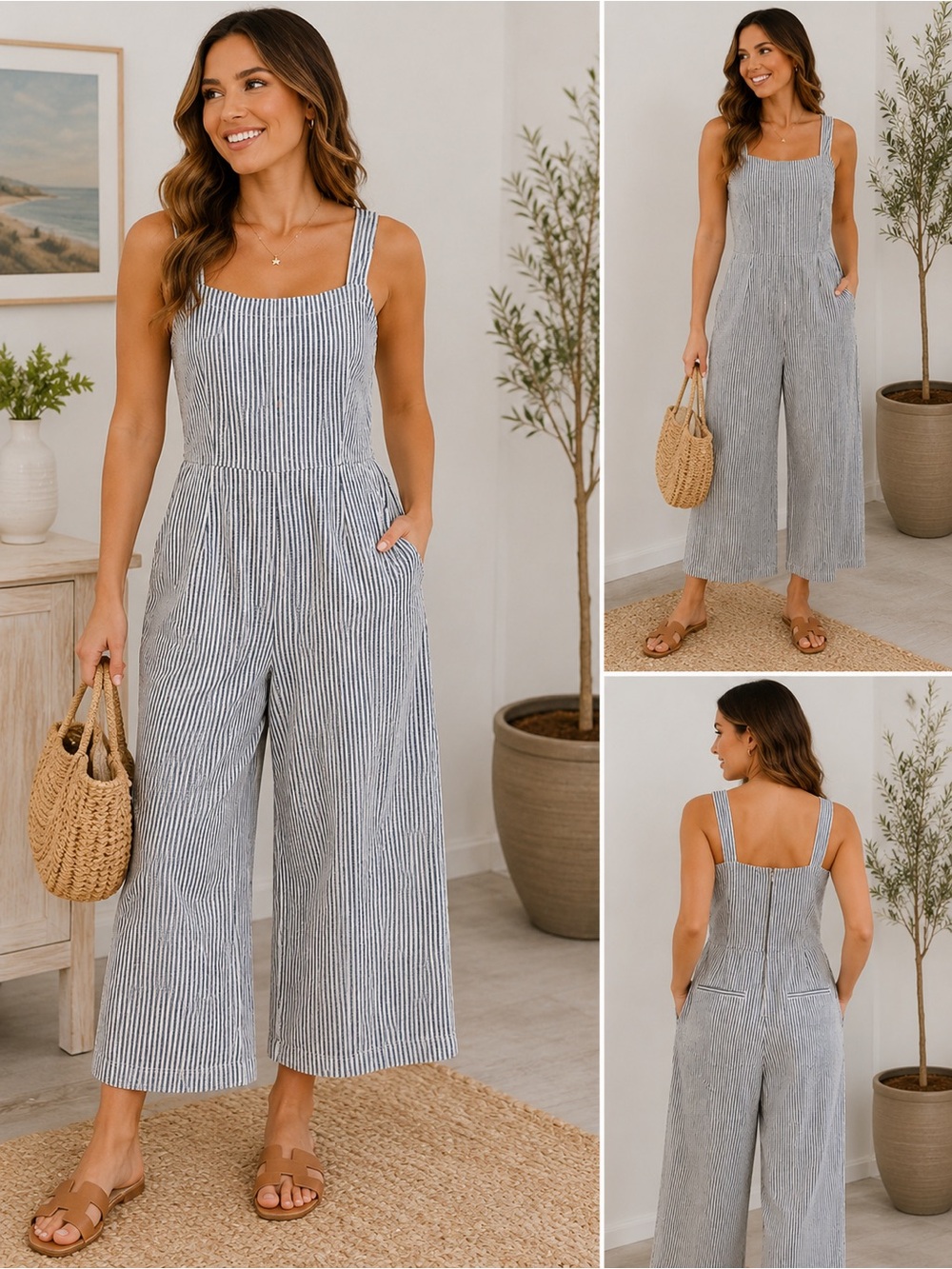 Madewell Blue White Striped Wide Leg Cropped Jumpsuit Size 4